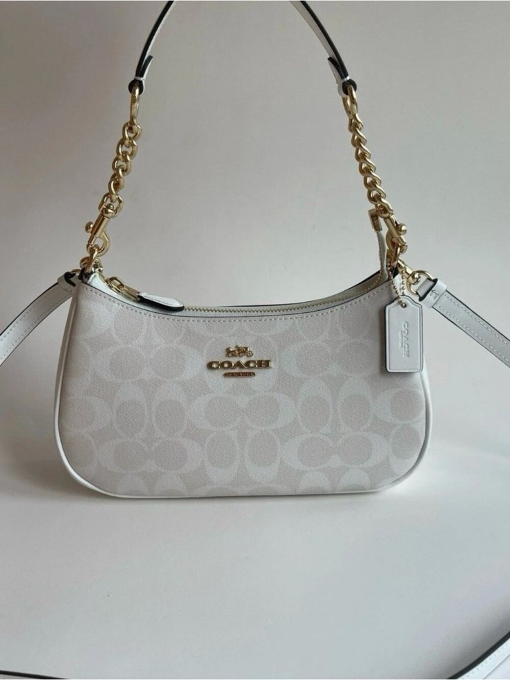 Coach Cream Signature Canvas Mini Shoulder Bag with Gold Hardware